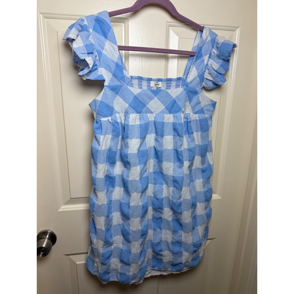 Entro Blue Gingham Ruffle Sleeve Smocked Babydoll Mini Dress